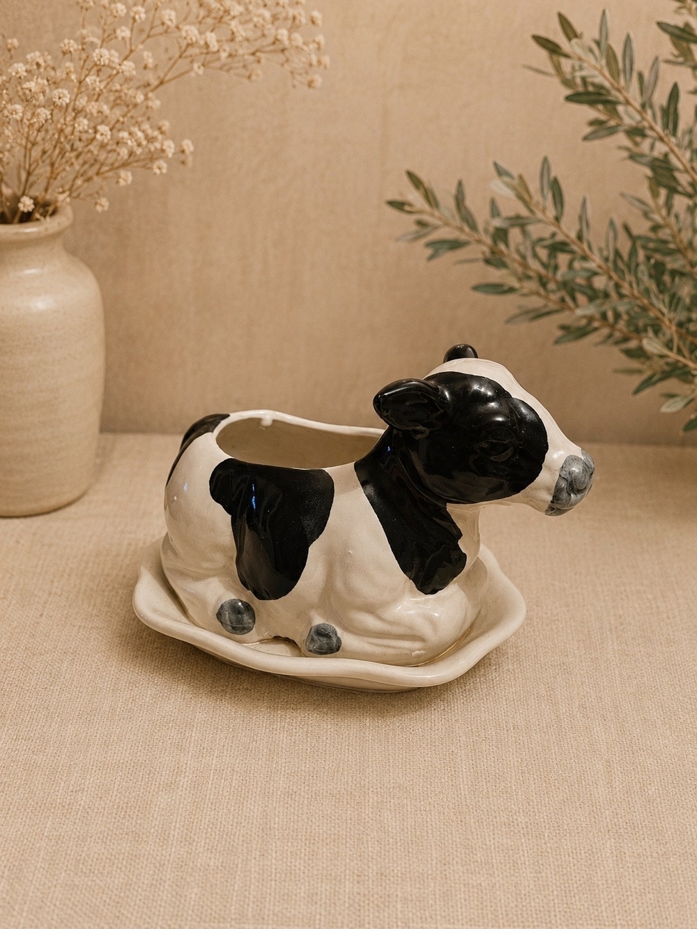 Source Unknown Black & White Ceramic Cow Planter